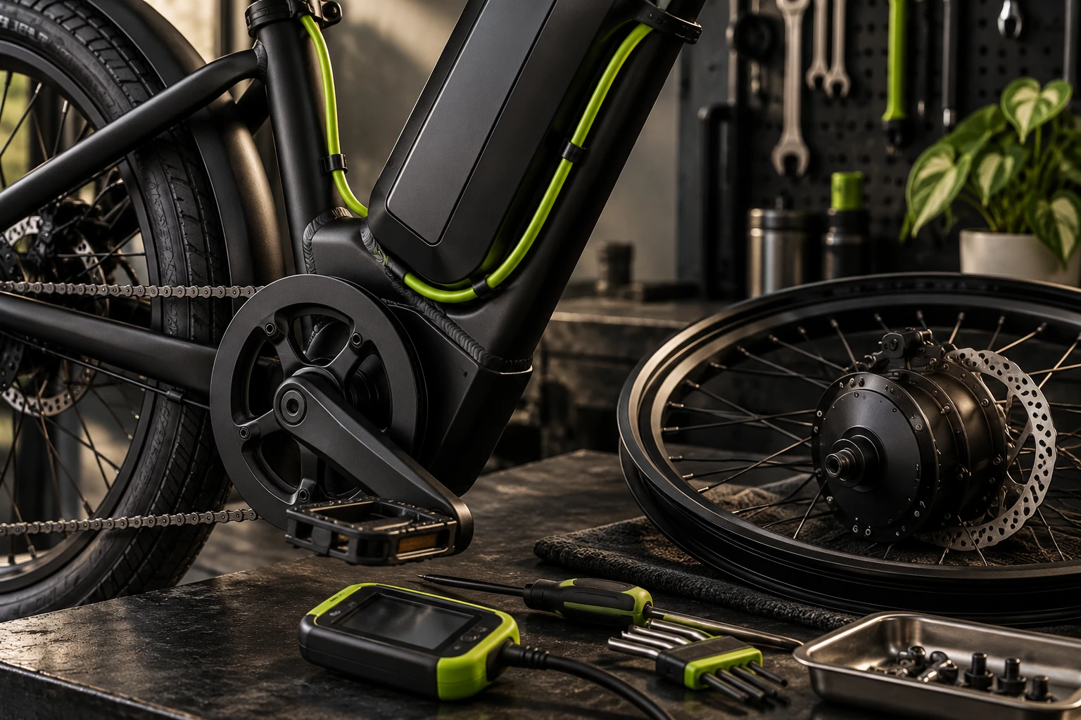 Illustrative matte black e-bike detail with lime cable, wheel hub and diagnostic tools; no brand, rider, range or repair result implied.